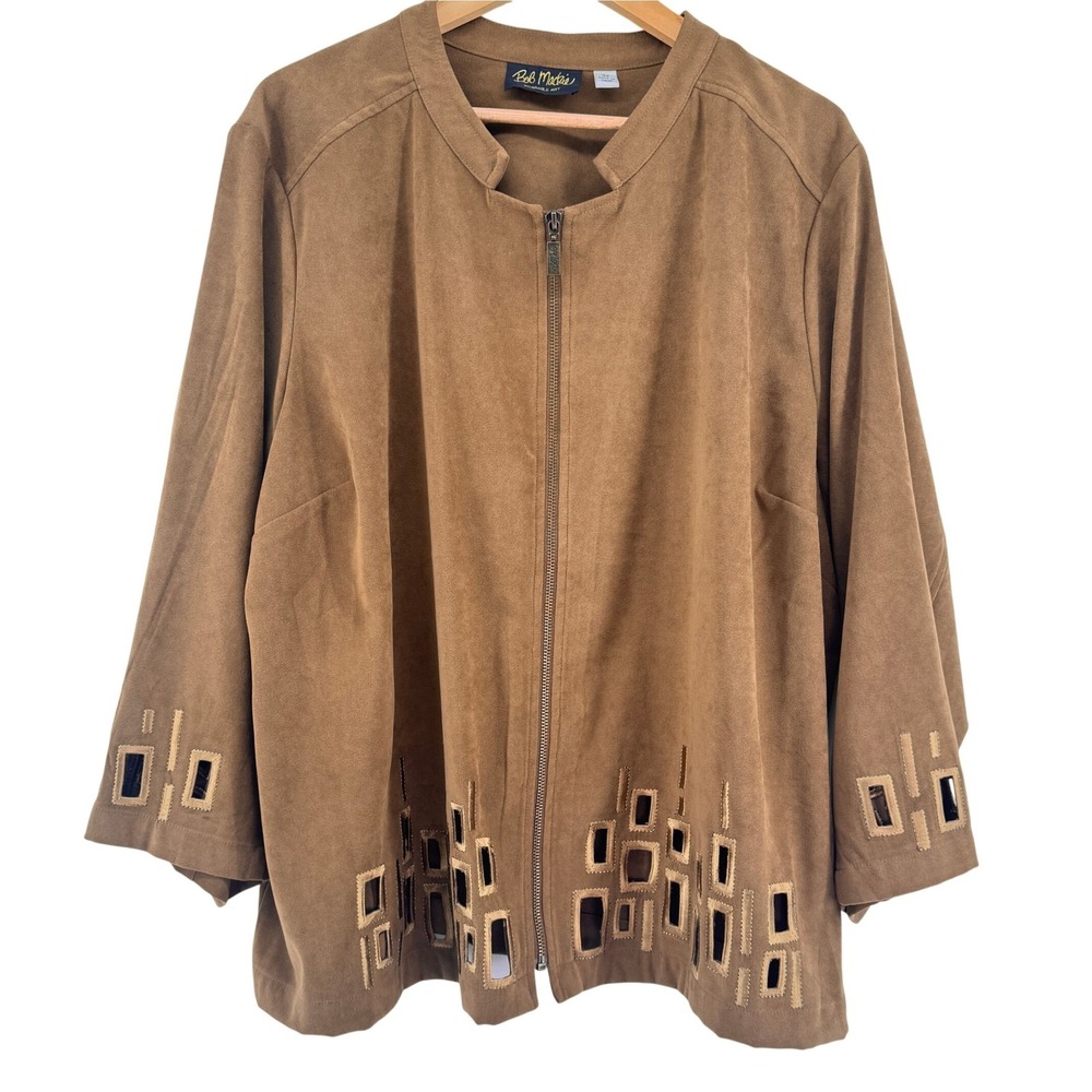 Bob Mackie Wearable Art Faux Suede Zip Jacket Brown Geometric Cutout Plus 3X